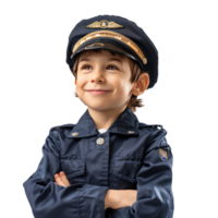 Smiling little boy wearing pilot uniform standing side view isolate on transparency background png