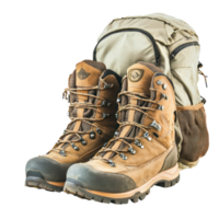 hiking boots and backpack front view isolate on transparency background png