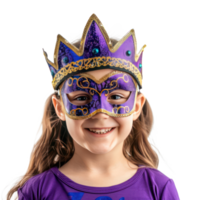 Smiling little girl with Mardi Gras mask front view isolate on transparency background png
