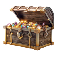 Treasure chest filled with gold, jewelry, and gems, 3d render style front view isolate on transparency background png