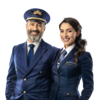 Friendly smiling pilot and flight attendant standing side view isolate on transparency background png