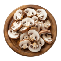 Sliced champignon mushrooms on chopping board top view isolate on transparency background png