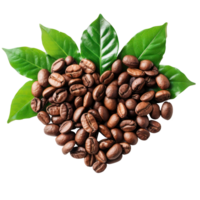 Coffee beans in Heart shaped and leaves, fair trade concept top view isolate on transparency background png