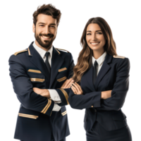 Friendly smiling pilot and flight attendant standing isolate on transparency background png