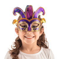 Smiling little girl with Mardi Gras mask front view isolate on transparency background png