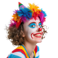 Cheerful young female as colorful clown smiling side view isolate on transparency background png