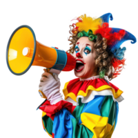 Friendly smiling person in clown costume holding megaphone side view isolate on transparency background png