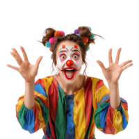 Smiling young female in clown costume acting surprise standing front view isolate on transparency background png