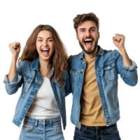 Excited young couple rejoicing success gesture, standing front view isolate on transparency background png