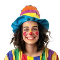 Cheerful young female as colorful clown smiling front view isolate on transparency background png