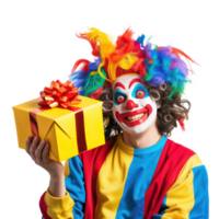 Smiling clown person holding a gift box side view isolate on transparency background png