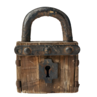 padlock with a wooden structure, set against a completely plain white background png