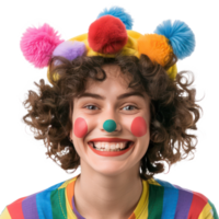 Cheerful young female as colorful clown smiling front view isolate on transparency background png
