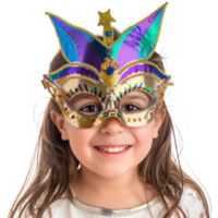 Smiling little girl with Mardi Gras mask isolate on transparency background png