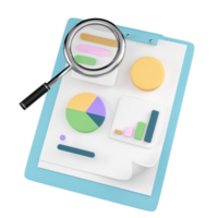 3d charts,graph with analysis business financial data, white clipboard checklist, magnifying isolated. business strategy concept, 3d illustration render png