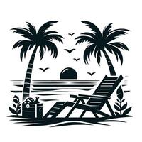 A beach scene with palm trees and a chair vector