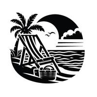 A black and white image of a beach chair and palm tree vector