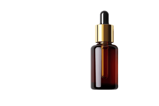 Claro vidro conta-gotas garrafa com ouro boné exibindo uma rico âmbar líquido dentro uma mínimo configuração png