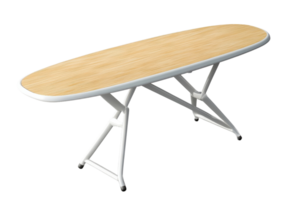 Folding ironing board with a wooden surface placed in a well-lit laundry room during the day png
