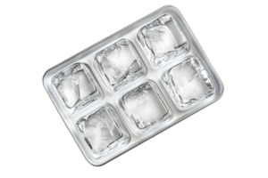 Clear ice cubes arranged neatly in a tray ready for beverages at a summer gathering png