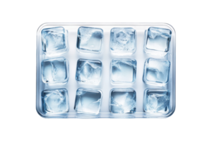 Clear ice cubes in a tray ready for drinks in a warm kitchen on a sunny afternoon png