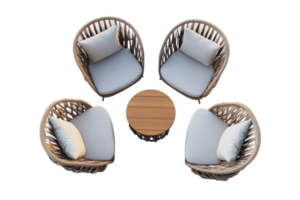 Modern outdoor seating arrangement with four rattan chairs and a round wooden table png