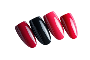 Collection of glossy nail designs showcasing shades of red and black on display png