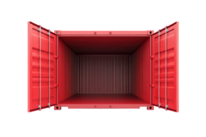 An empty red shipping container with open doors located indoors ready for storage or transport png