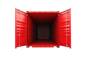 Exploring the interior of a red shipping container showcasing its empty space and design features png