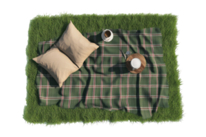 Cozy picnic setup with cushions and beverages on a grassy surface in a tranquil outdoor setting png