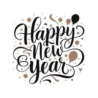 Happy new year lettering design with balloons and stars vector
