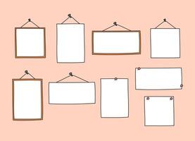 Frames, pinned notes set. Blank paper sheets hanging on ropes and nails. Placeholders isolated design elements in cute hand drawn doodle style with copy space vector