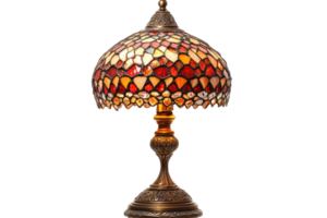 Elegant stained glass lamp with intricate design and warm tones on display in stylish interior png