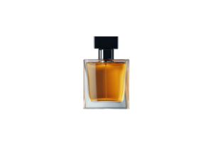 Elegant glass perfume bottle showcasing a rich amber fragrance against a neutral backdrop png
