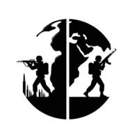 Two soldiers are silhouetted in front of a globe vector
