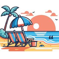 Beach chair and umbrella on the beach with palm trees vector