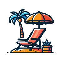 Beach chair and umbrella on the beach with palm tree vector