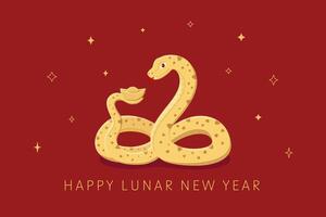 New Year 2025. Gold snake holds bowl of wealth on red background, symbol of the year. Lunar new year of the snake cute illustration. Design of background, card, calendar, sticker vector