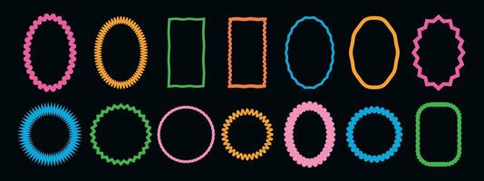 Color squiggle frames set on a black background. Zigzag wavy edges, retro squiggle frames, psychedelic rectangles, photo frames, text boxes, tags, labels. Groovy shapes set of wave borders. vector