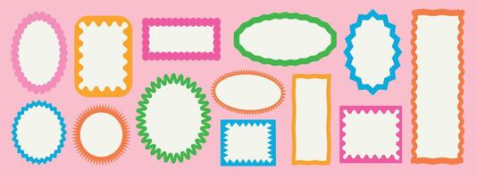Color squiggle frames set. Zigzag wavy edges, retro squiggle frames, psychedelic rectangles, photo frames, text boxes, tags, labels.Groovy shapes set of wave borders. vector