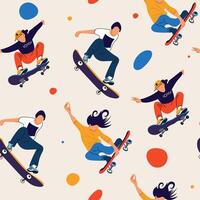Set of modern skaters jumping with skateboards. Square seamless pattern. Teenagers ride a longboard, jump and perform tricks. Street activity for teenagers on longboards. vector