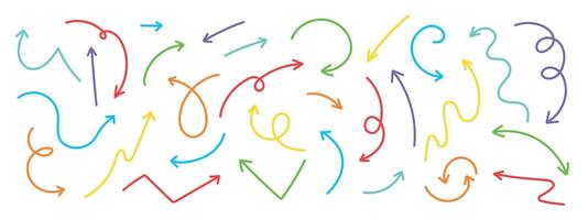 Set of colored arrows drawn by hand. Arrow crayon pastel pencil chalk color line stroke. Kid fun arrow icon. vector