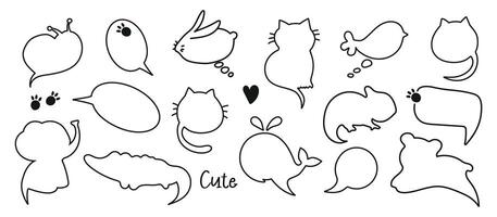 Animals frame, speech bubble cute set. Hand drawn sketch doodle line style animal frame design. Elephant, cat, hare, crocodile, chameleon cute talk speech bubble design. vector