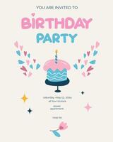 Birthday invitation template with cake. Flyer, booklet, leaflet concept with flat illustrations. Page layout for magazine. Anniversary celebration invitation with text vector