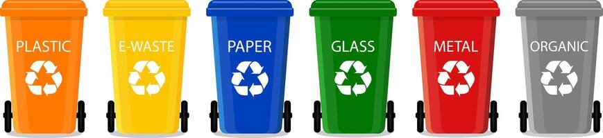 Containers for sorting garbage of different colors with a recycling icon. vector