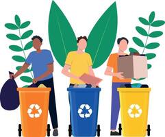 People of different nationalities sort garbage into containers. vector