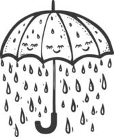 A black and white illustration of a cartoon umbrella with three smiling faces and raindrops falling from it. vector