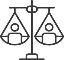 Line drawing of a balance scale with two people on each side vector