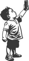 A black and white drawing of a boy taking a selfie vector