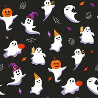 Seamless pattern. Cute halloween ghosts, candy and autumn leaves. Different funny characters on black background. vector